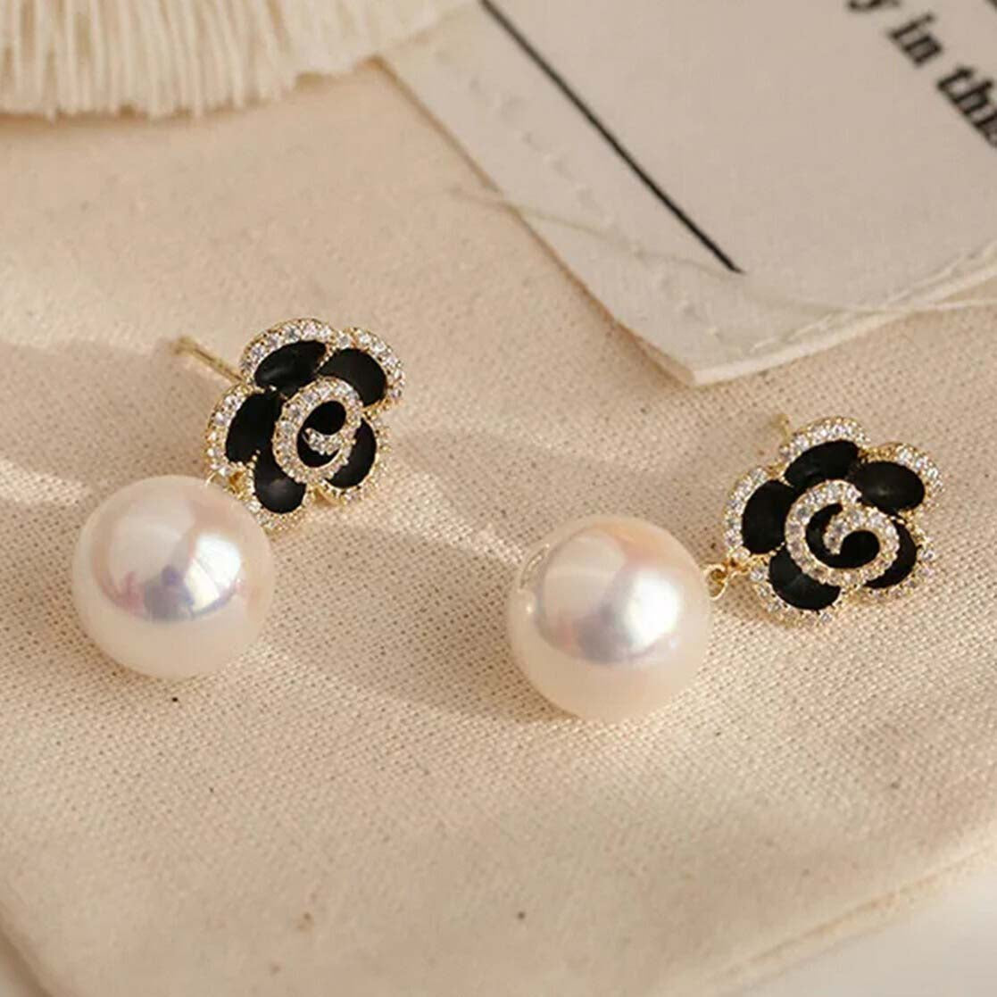 Korean Black AD Studded Flower Drop Earrings
