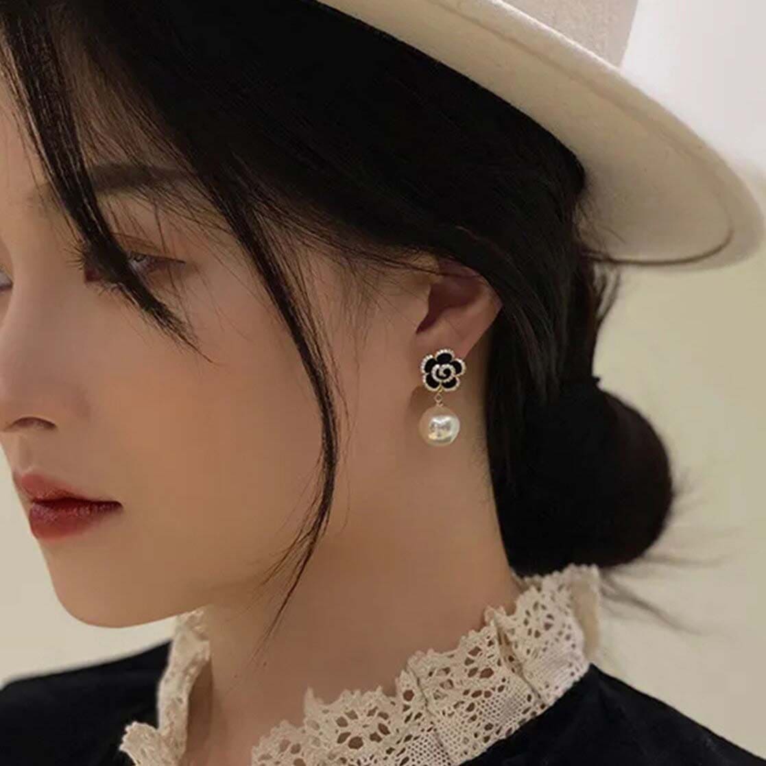 Korean Black AD Studded Flower Drop Earrings
