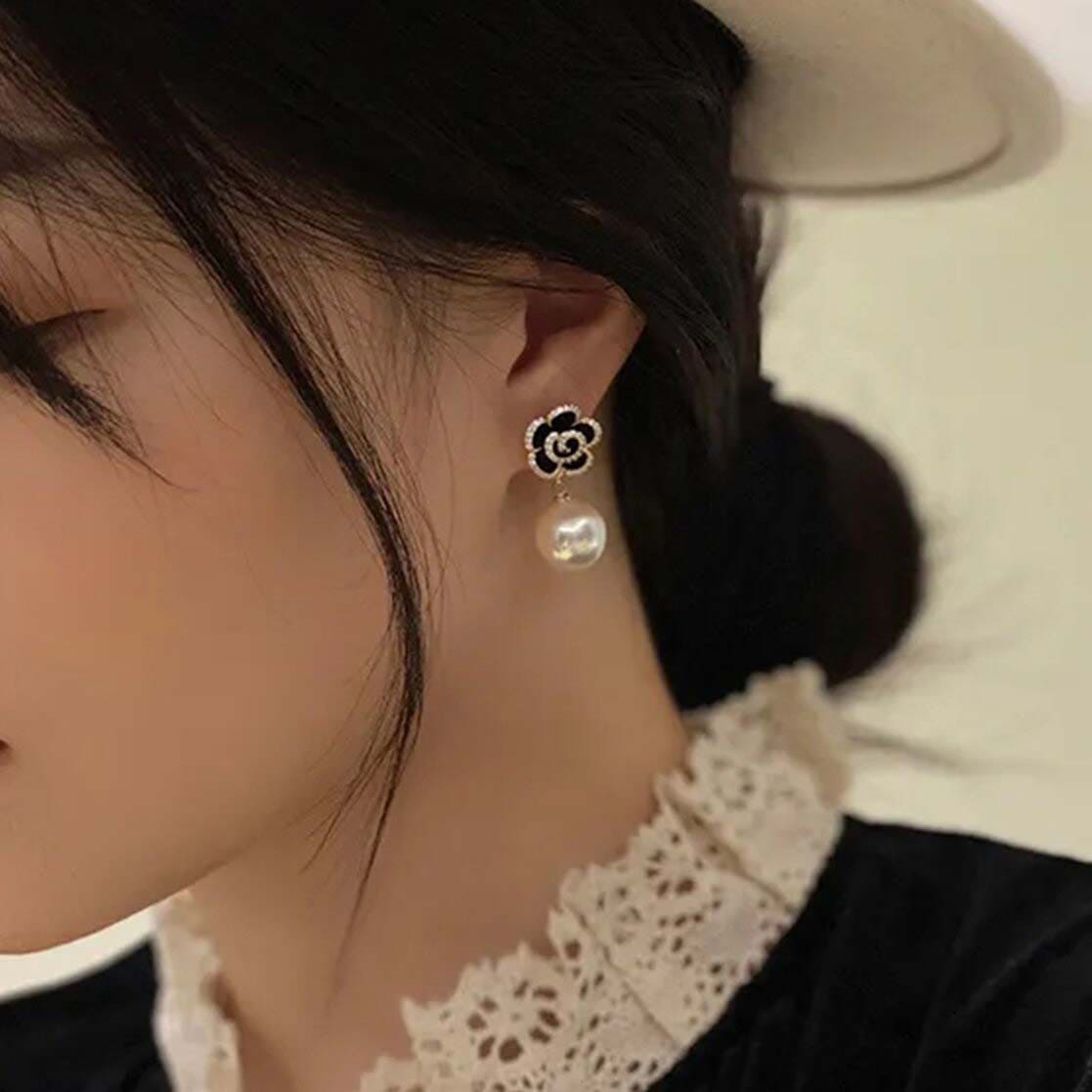 Korean Black AD Studded Flower Drop Earrings