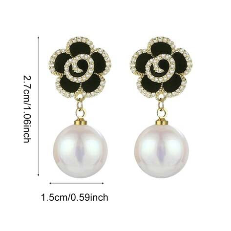 Korean Black AD Studded Flower Drop Earrings