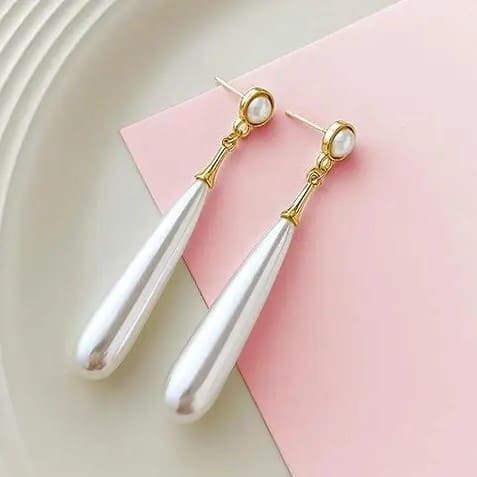 Korean Long White Pearl Drop Earrings