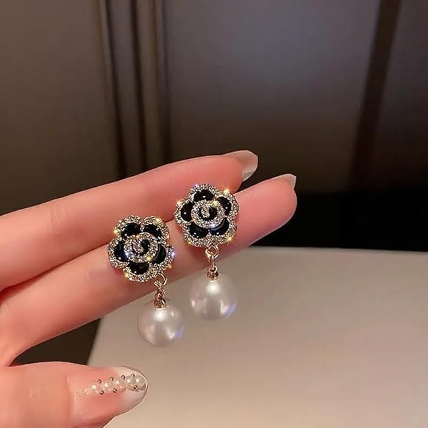 Korean Black AD Studded Flower Drop Earrings
