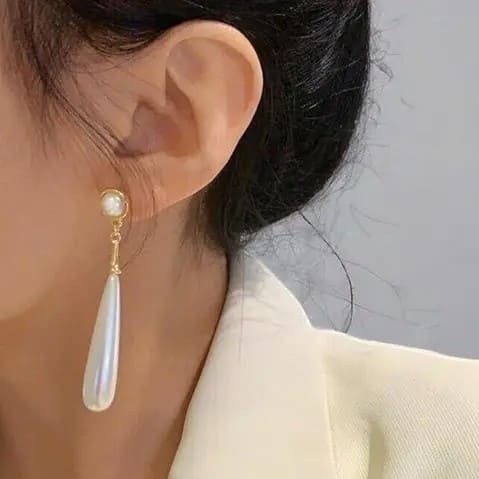 Korean Long White Pearl Drop Earrings