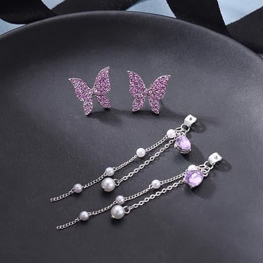 Korean Purple AD Studded Butterfly Long Earrings