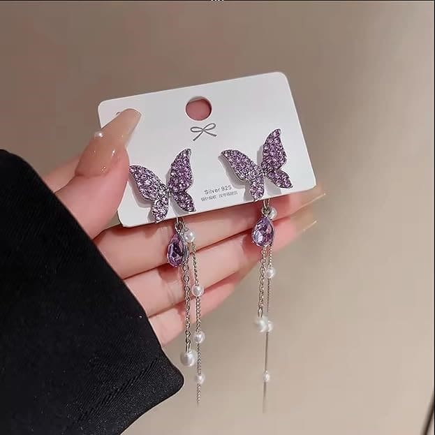 Korean Purple AD Studded Butterfly Long Earrings