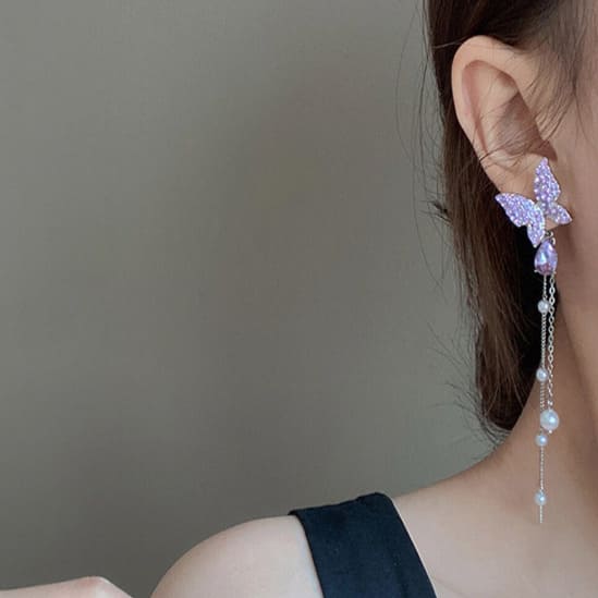 Korean Purple AD Studded Butterfly Long Earrings