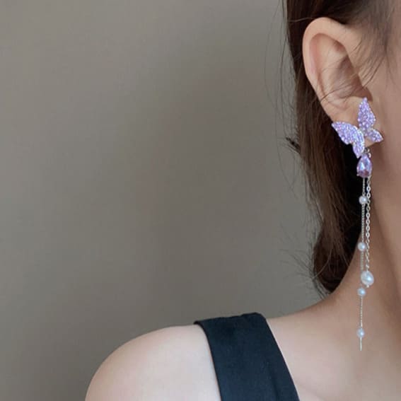 Korean Purple AD Studded Butterfly Long Earrings
