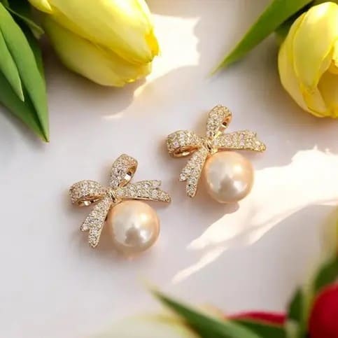 Korean Pink Pearl Bow AD Studded Earrings
