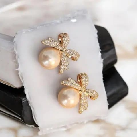 Korean Pink Pearl Bow AD Studded Earrings