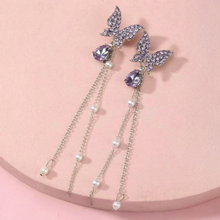Korean Purple AD Studded Butterfly Long Earrings