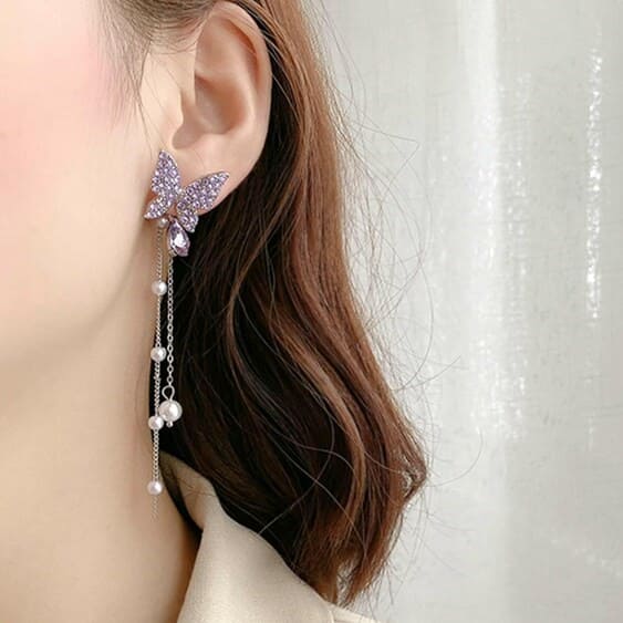 Korean Purple AD Studded Butterfly Long Earrings