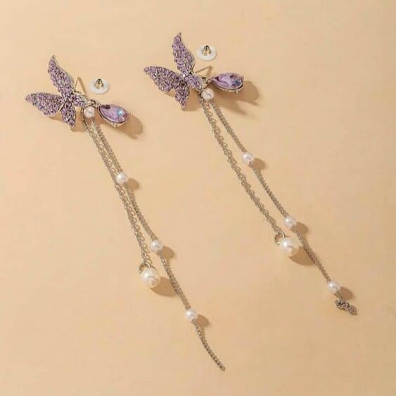 Korean Purple AD Studded Butterfly Long Earrings
