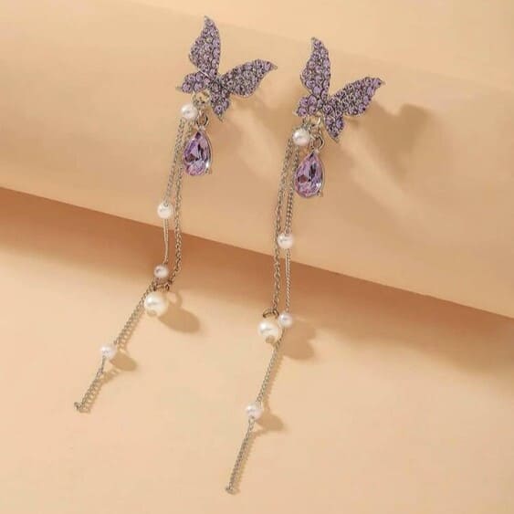 Korean Purple AD Studded Butterfly Long Earrings