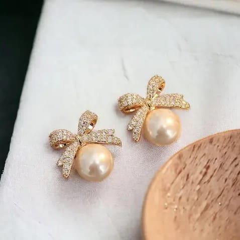 Korean Pink Pearl Bow AD Studded Earrings