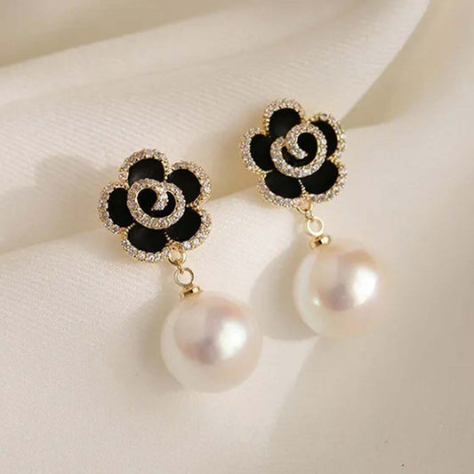 Korean Black AD Studded Flower Drop Earrings