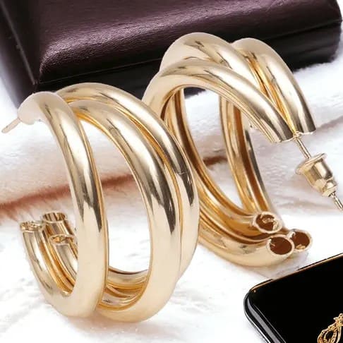 Korean Golden 3 Liner Hoop Earrings