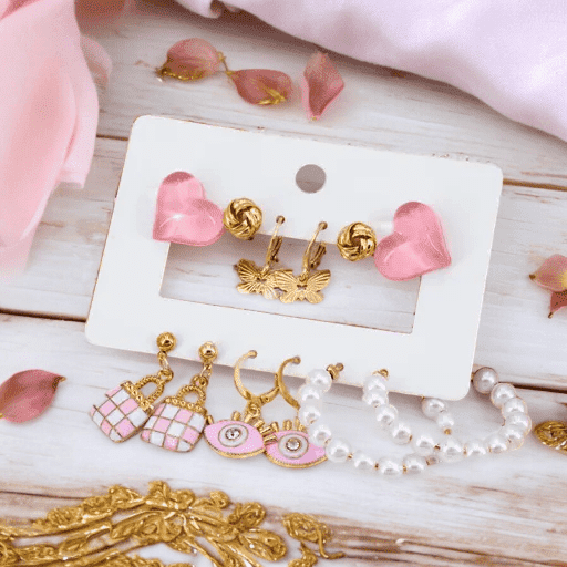 Korean Pink Golden Lock Fab Earrings Combo