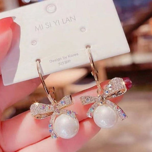 Korean Bow AD Studded Drop Earrings