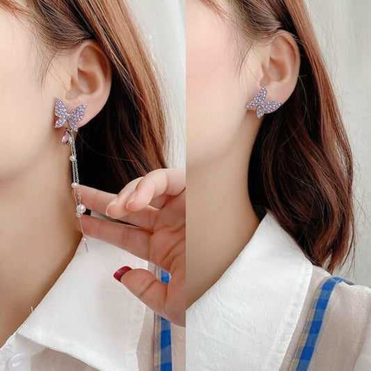 Korean Purple AD Studded Butterfly Long Earrings