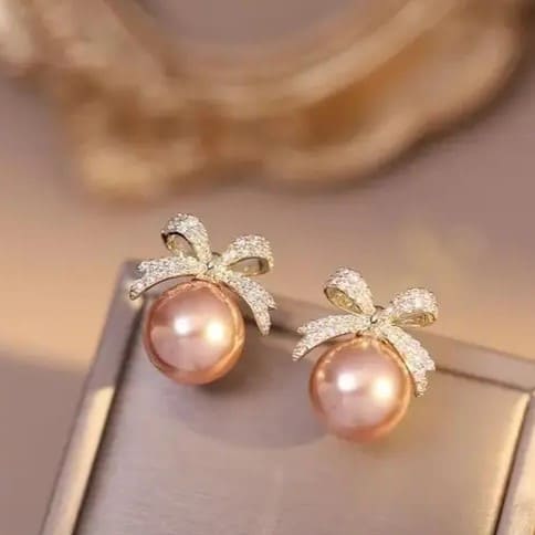 Korean Pink Pearl Bow AD Studded Earrings